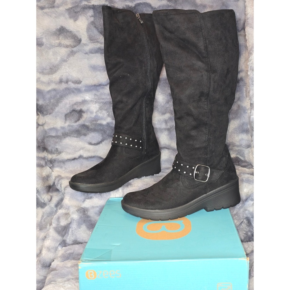 NWB Bzees Brandy 2 Black Faux Suede Knee High Wedge Boots Womens Size 7.5